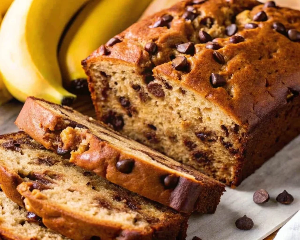 A slice of banana bread with chocolate chips on a wooden board.