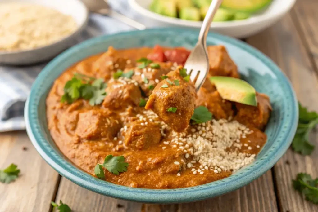 Guatemalan Pepian de Pollo served with rice, cilantro, and a rich, spiced sauce