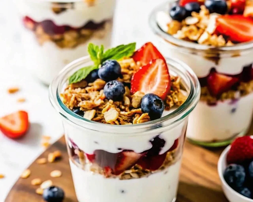 Layered Greek yogurt parfait with fresh berries, granola, and a drizzle of honey.