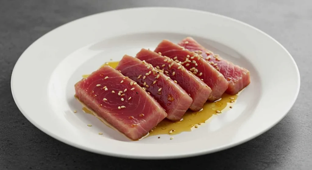 Ahi tuna tartare garnished with lime and herbs.