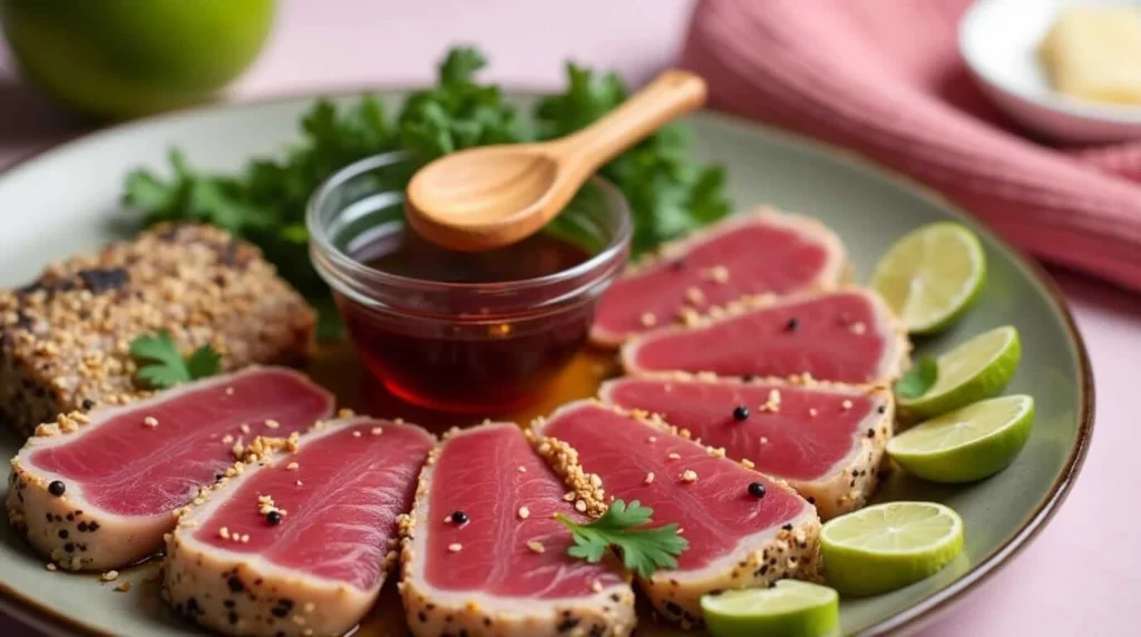 Seared Ahi tuna steak on a plate with a side of vegetables.