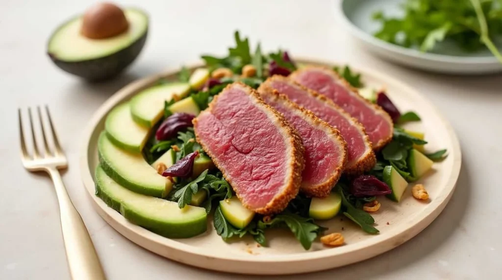 A colorful Ahi tuna poke bowl with avocado, cucumber, and sesame seeds.