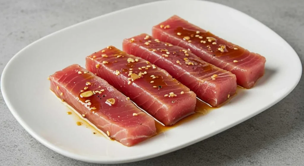 Ahi tuna sashimi on a plate with wasabi and soy sauce.