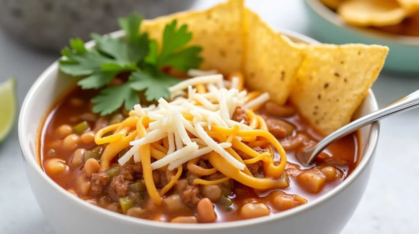 Bowl of Taco Soup with Fritos recipe topped with cheese and sour cream