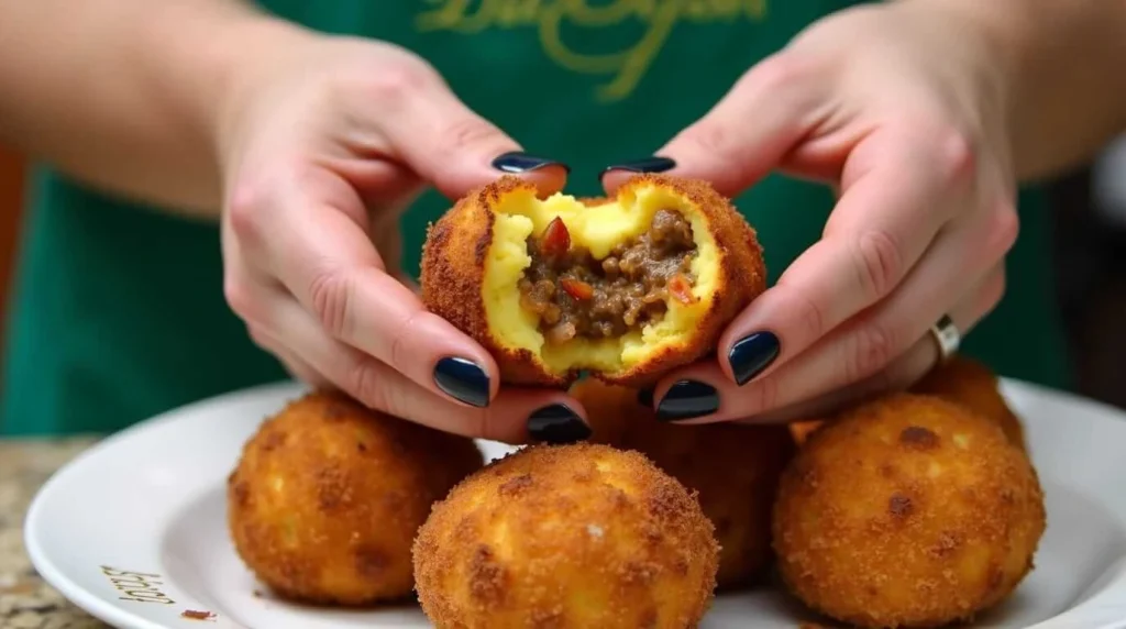 Close-up of crispy fried Papas Rellenas with savory filling.