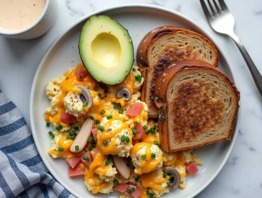 Scrambled eggs with chicken, spinach, and cheese on a plate