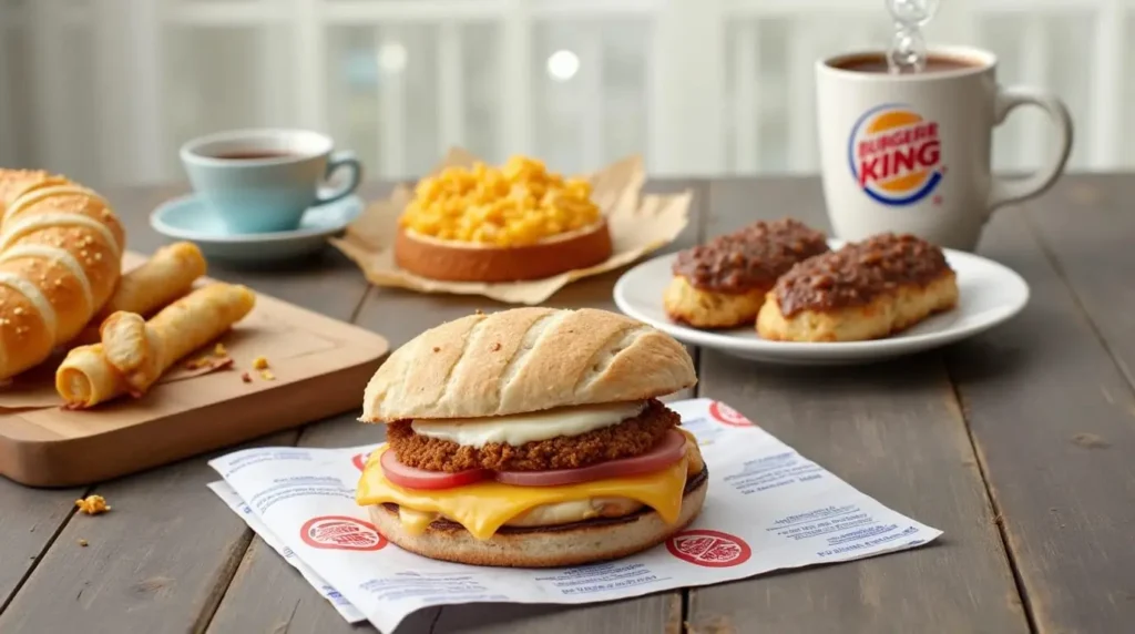 A Burger King breakfast spread featuring a sandwich with melted cheese, crispy patty, and tomato slices. Surrounding items include croissants, rolled pastries, a bowl of mac and cheese, and coffee.