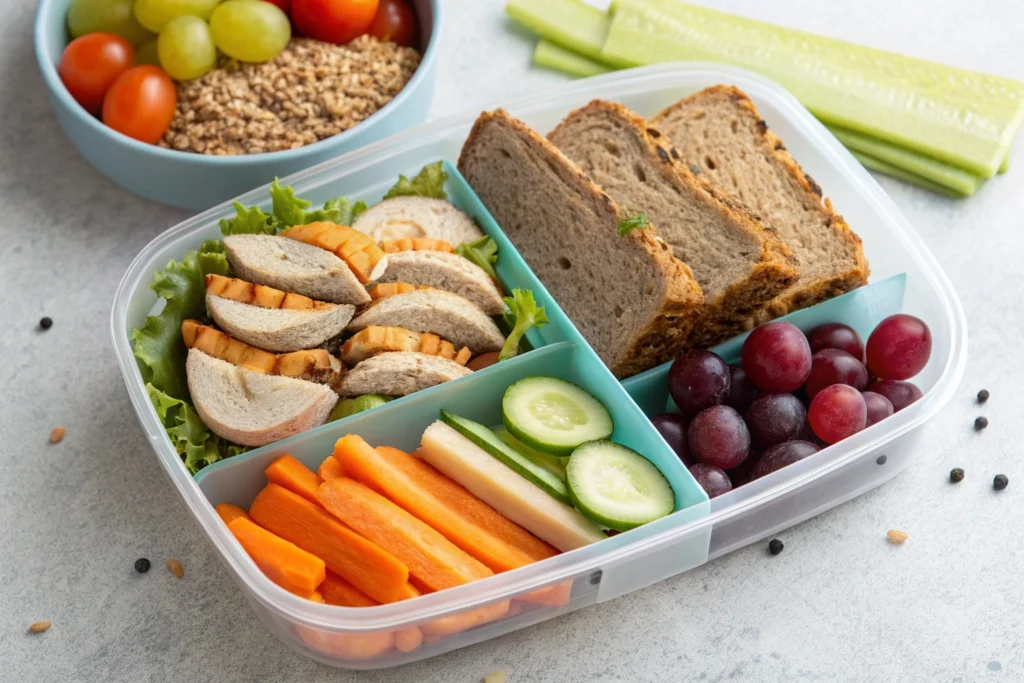 A balanced lunchbox with whole grains, lean proteins, colorful fruits, and vegetables for a nutritious meal.