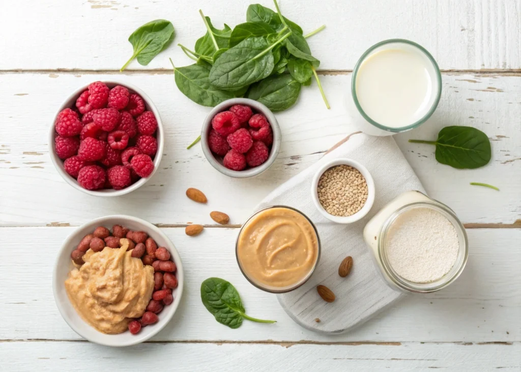 A selection of key ingredients for a smoothie, including fresh raspberries, peanut butter, and other healthy add-ins like chia seeds and almond milk.