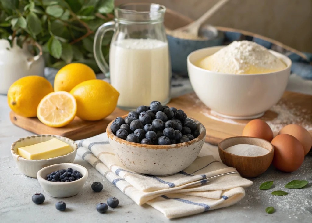 Fresh ingredients for a lemon blueberry pound cake, including lemons, blueberries, flour, sugar, and butter, arranged on a wooden countertop.