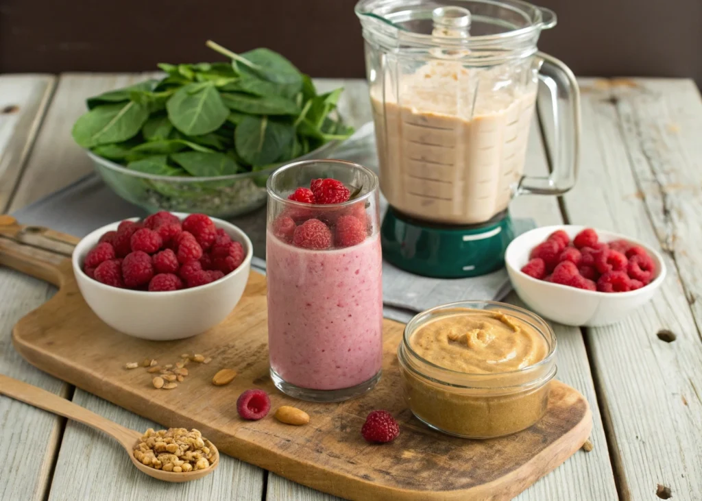 A step-by-step guide to making a healthy raspberry peanut butter smoothie with fresh ingredients like raspberries, peanut butter, and almond milk.