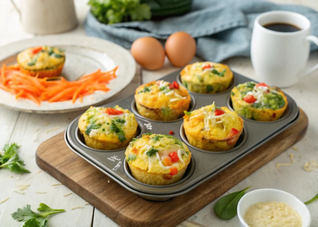 Veggie-packed egg muffins with colorful bell peppers, spinach, and cheese, baked to perfection in a muffin tin and served on a wooden platter.

