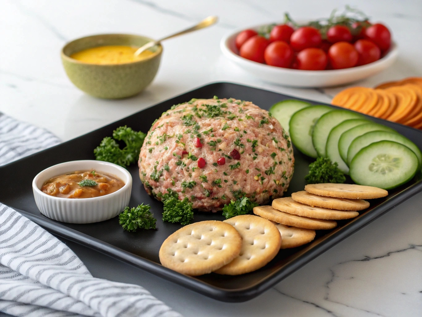 A delicious dried beef cheese ball made with cream cheese, cheddar cheese, and dried beef, garnished with fresh herbs and nuts.