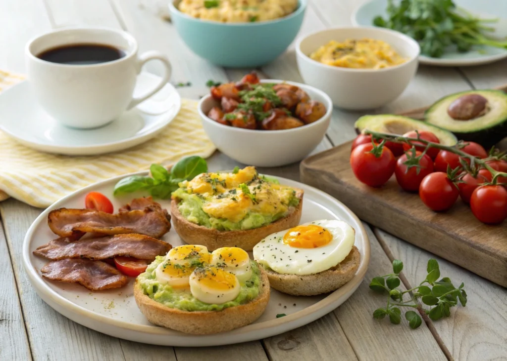 A colorful plate of egg breakfast ideas, featuring scrambled eggs, poached eggs, and an avocado toast with sunny-side-up eggs, garnished with fresh herbs.