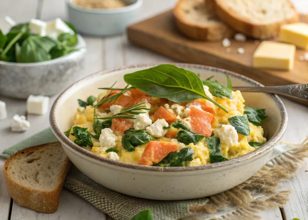 Scrambled eggs with a twist, featuring fresh spinach, crumbled feta cheese, and smoked salmon, served on a white plate with herbs.