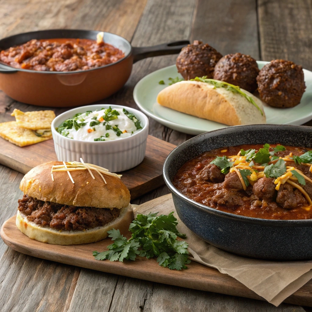 A rustic wooden table showcasing a delicious variety of beef recipes, including a bowl of chili with enchilada sauce, cheesy beef balls, and a deli sandwich filled with beef and cheese slices.