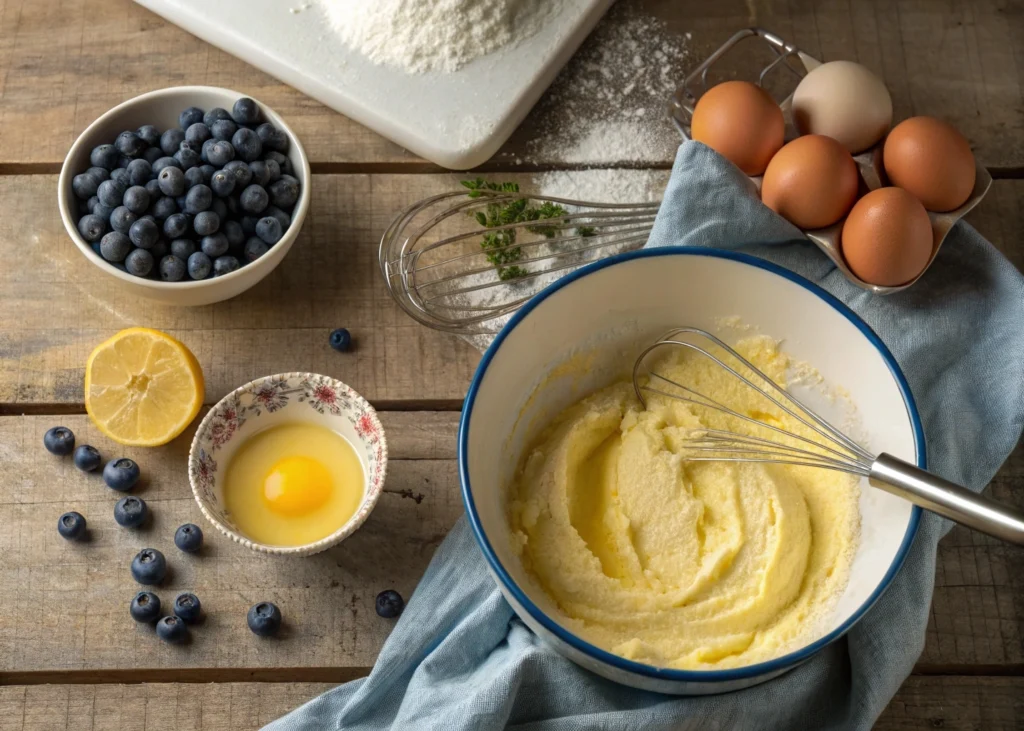 Mixing batter for a lemon blueberry pound cake, pouring it into a loaf pan, and baking until golden brown