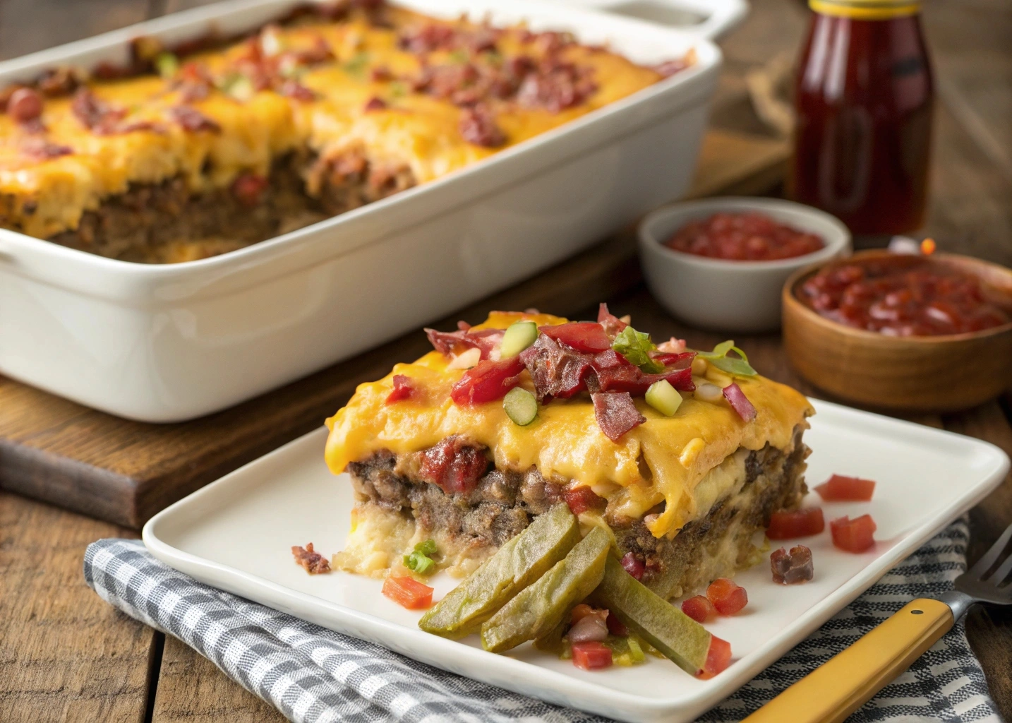 Best Bacon Cheeseburger Casserole Recipe: A golden, cheesy casserole with ground beef, crispy bacon, and melted cheddar cheese, baked to perfection in a dish