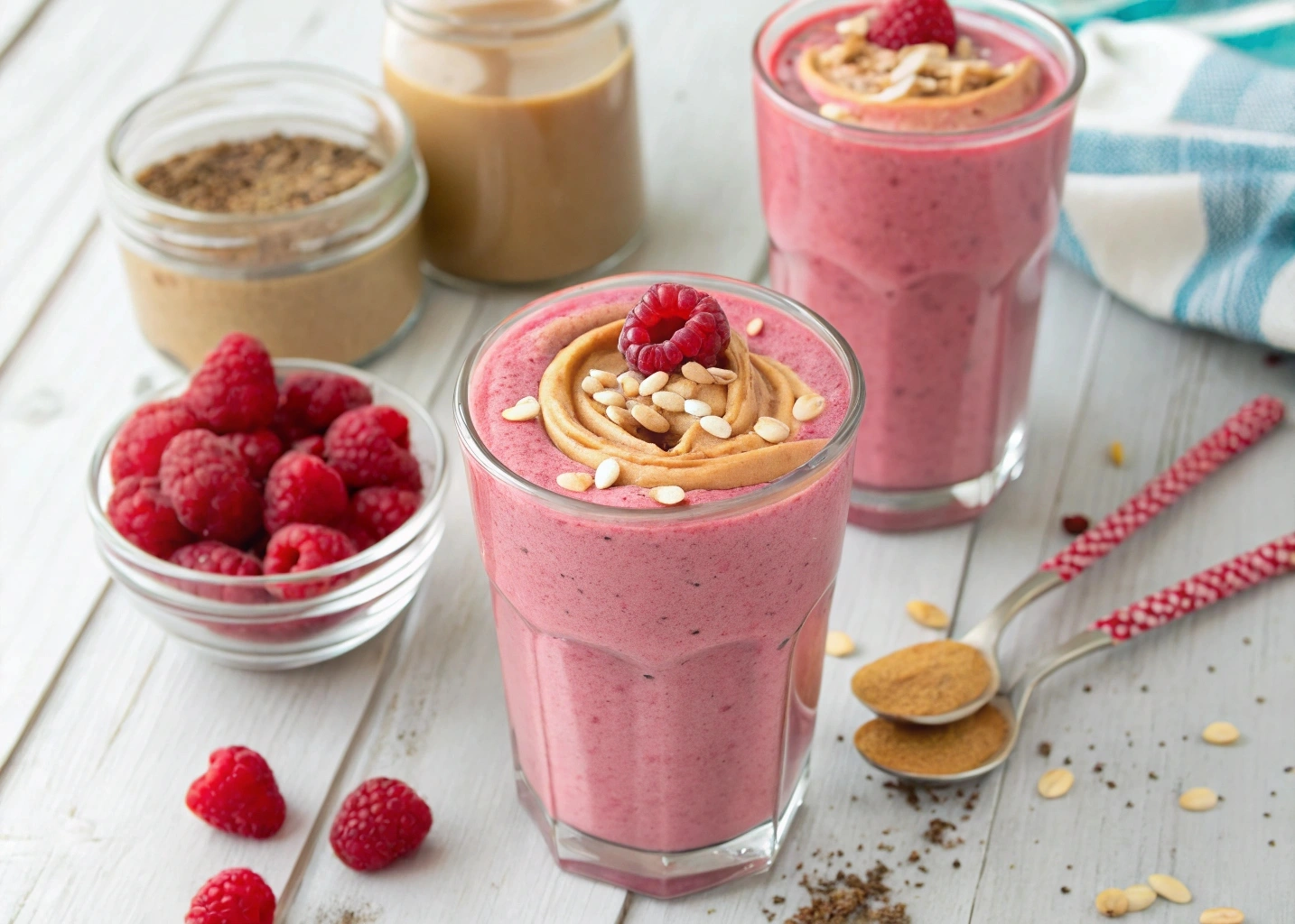 A refreshing raspberry peanut butter smoothie with a vibrant pink color, topped with fresh raspberries and peanut butter swirls.