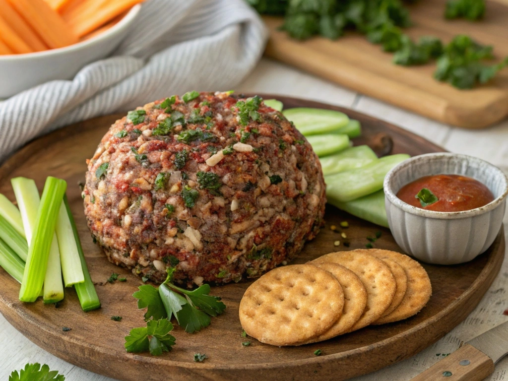 Dried beef cheese ball with a creamy texture, rolled in nuts and herbs, surrounded by crackers and veggie sticks.