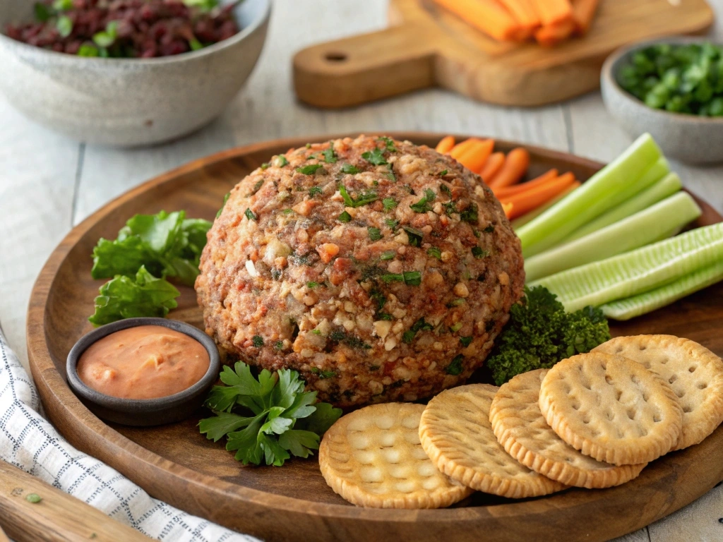 Dried beef cheese ball on a wooden board, garnished with fresh herbs and nuts, served with crackers and vegetables.