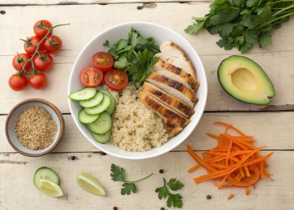 Step-by-step guide to making the best chicken quinoa bowl with grilling chicken, cooking quinoa, and adding fresh vegetables.