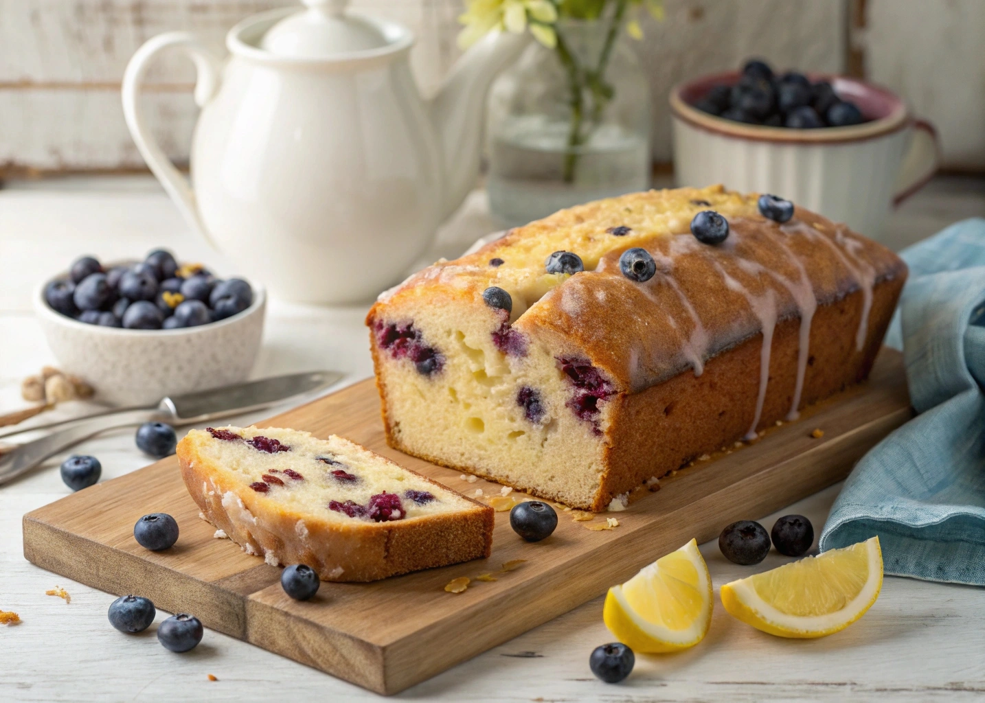 Slice of lemon blueberry pound cake on a white plate with fresh blueberries and lemon slices as garnish.