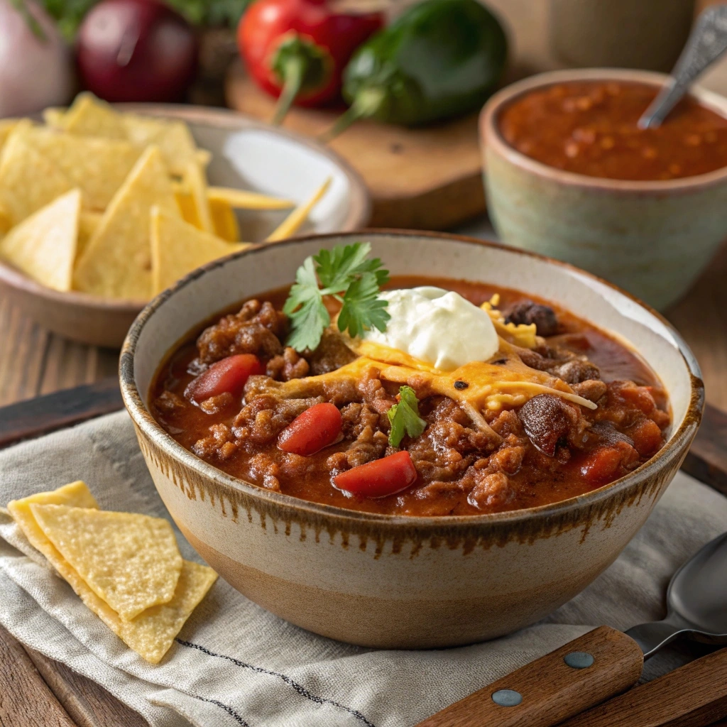 A hearty bowl of chili made with ground beef and enchilada sauce, garnished with fresh cilantro, cheese, and a side of tortilla chips.

