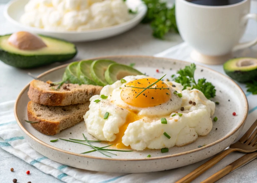 Fluffy egg clouds with whipped egg whites, golden yolks in the center, garnished with fresh herbs, served on a white plate.

