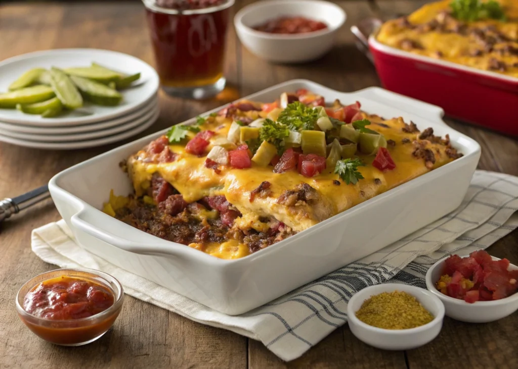 Bacon Cheeseburger Casserole: A baked dish with layers of ground beef, crispy bacon, cheddar cheese, and pasta, topped with golden melted cheese.