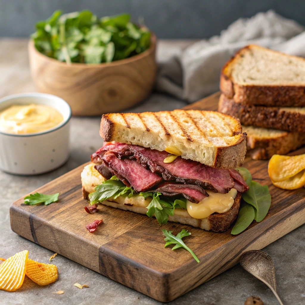 A hearty beef and cheese deli sandwich stacked with layers of tender beef, melted cheese, and fresh vegetables, served on a toasted sandwich roll.

