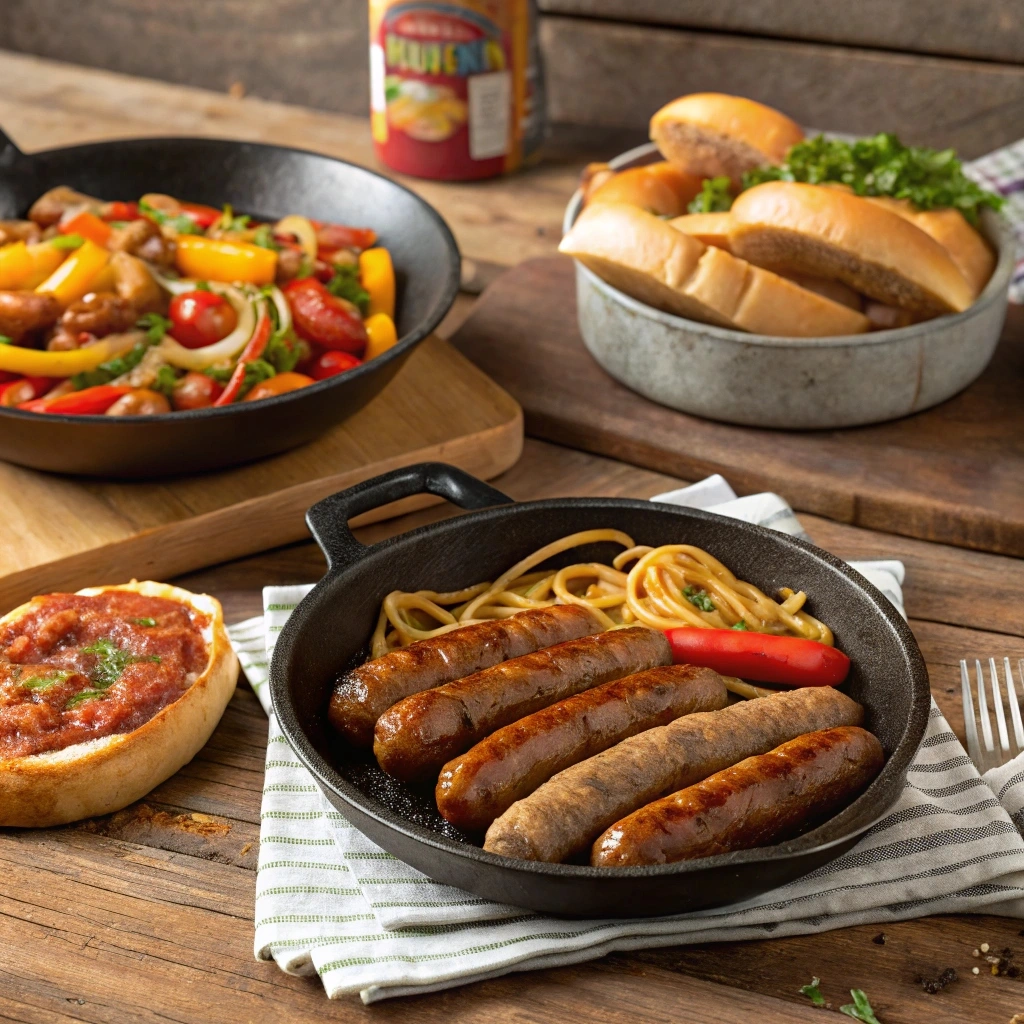 A variety of easy beef sausage recipes displayed on a wooden board, including grilled sausages, sausage patties, and a skillet with sautéed beef sausage and vegetables.

