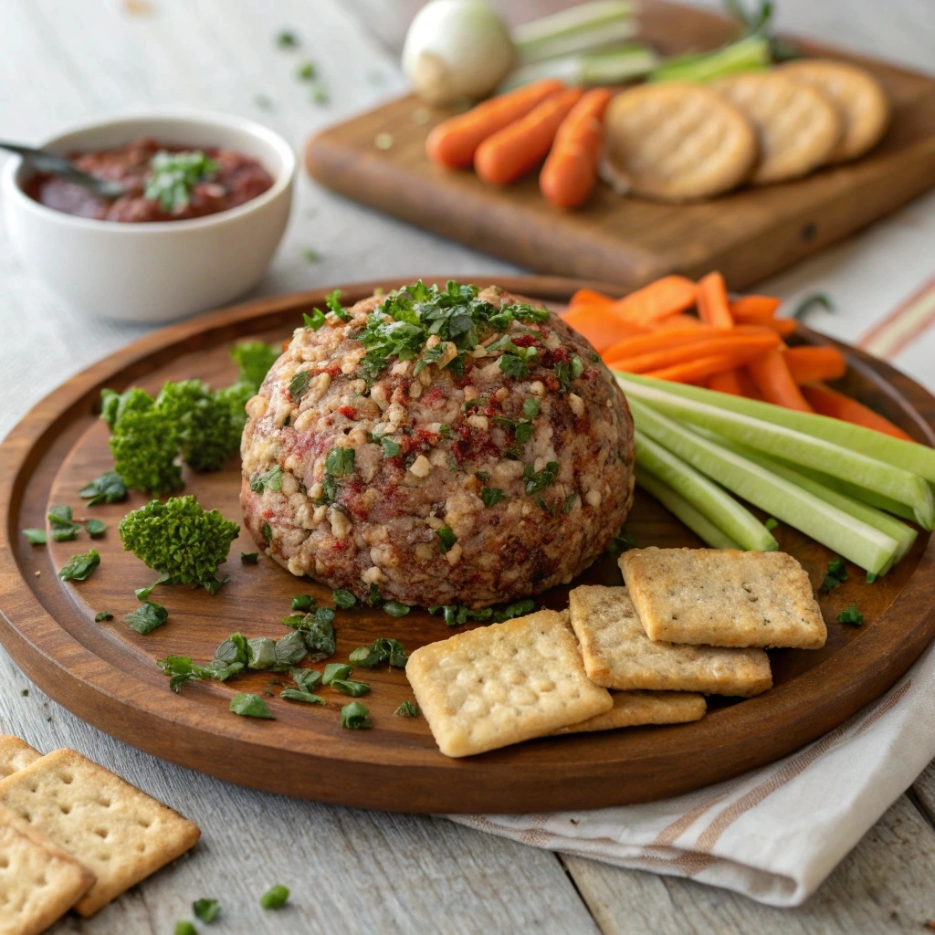 A creamy dried beef cheese ball, surrounded by crackers, garnished with chives, and ready to serve as an appetizer.