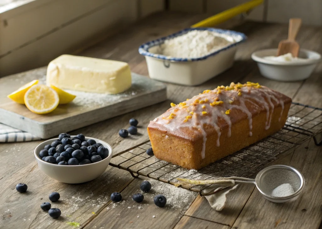 A perfectly baked lemon blueberry pound cake with a golden crust, sliced and ready to serve