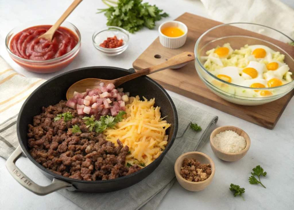 Step-by-step guide to making Bacon Cheeseburger Casserole: Cooking ground beef and bacon, layering ingredients in a baking dish, and baking until golden and bubbly