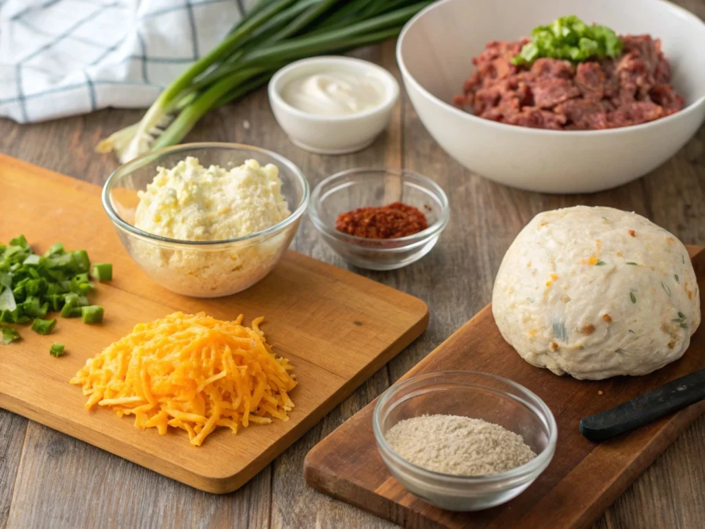 Step-by-step process for making dried beef cheese ball with ingredients like cream cheese, cheddar, and dried beef.