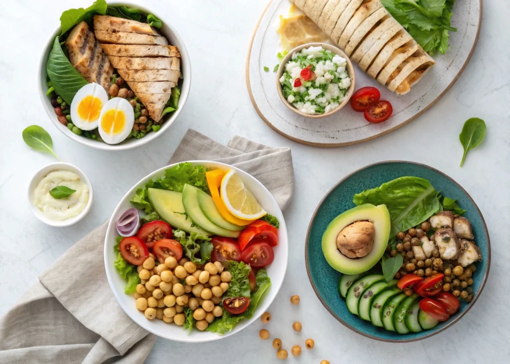 A delicious and balanced high-protein lunch featuring grilled chicken, quinoa, vegetables, and a protein-packed dressing.