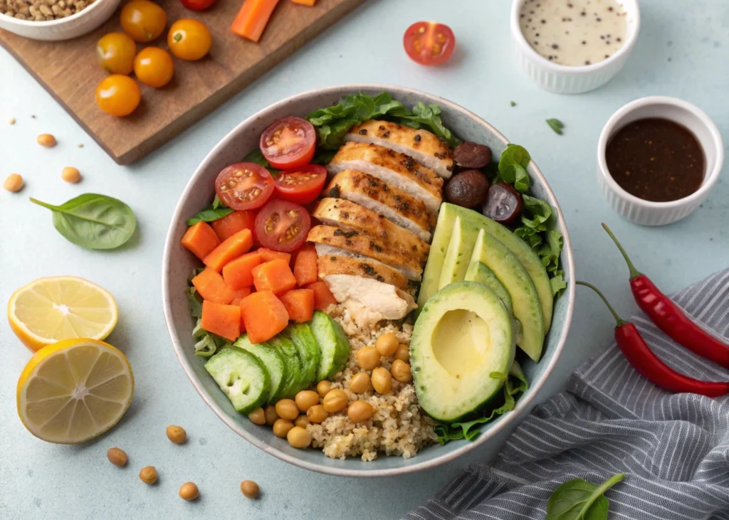 A variety of customization options for a chicken quinoa bowl, including different veggies, dressings, and toppings.