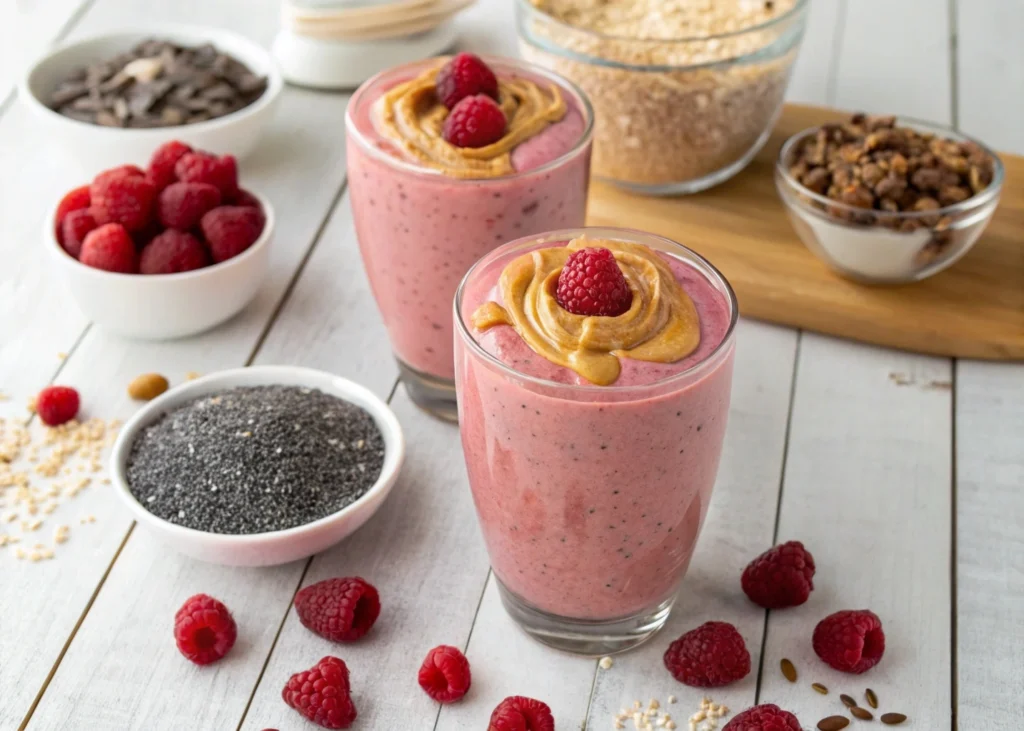 A variety of raspberry peanut butter smoothie options with different add-ins like banana, spinach, and protein powder for customized flavor and nutrition.