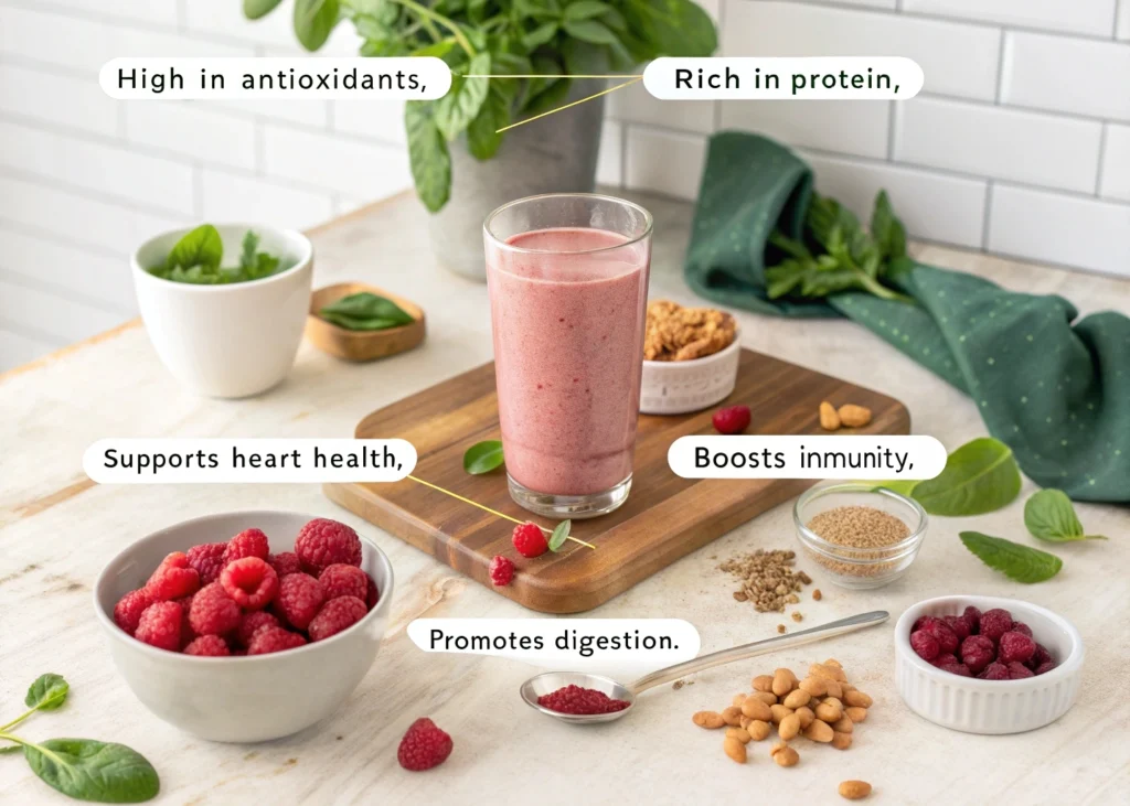 A raspberry peanut butter smoothie with vibrant colors, highlighting its health benefits like antioxidants and protein-rich ingredients.