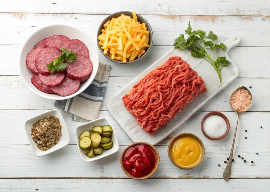 Ingredients for Bacon Cheeseburger Casserole: Ground beef, crispy bacon, cheddar cheese, pasta, onions, garlic, tomato sauce, and Worcestershire sauce arranged on a kitchen counter