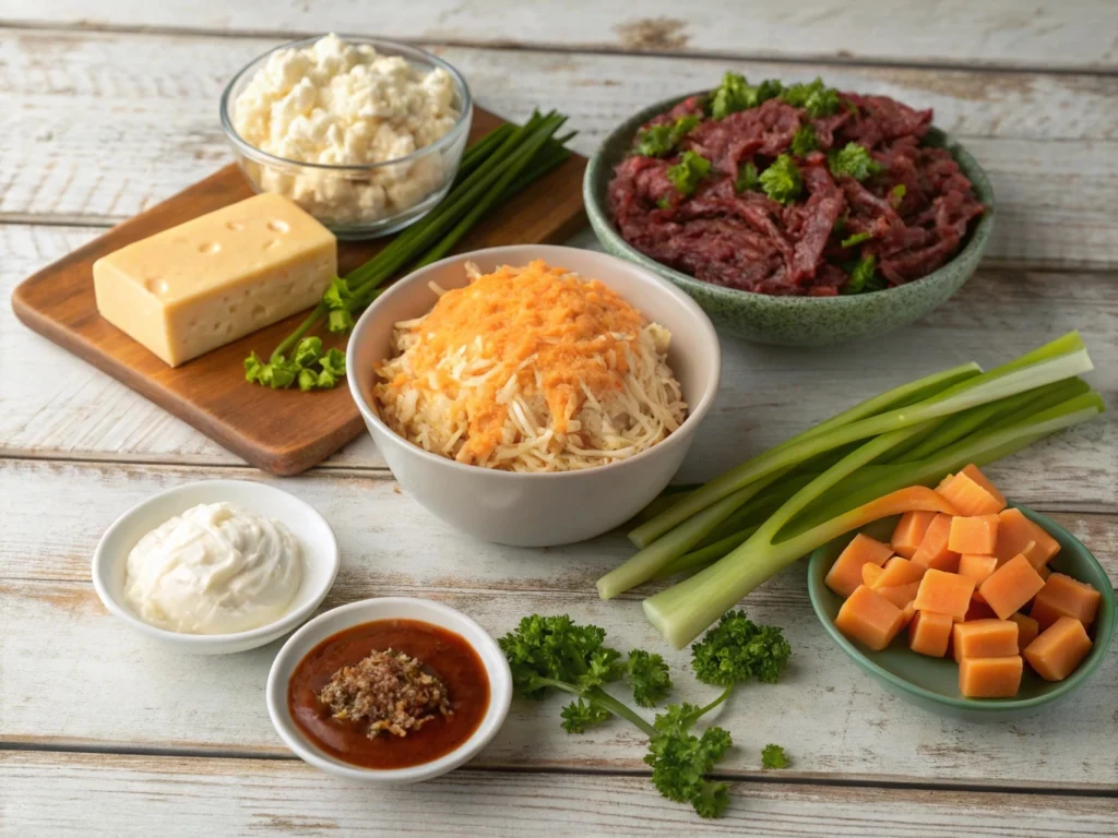  Ingredients for dried beef cheese ball, including cream cheese, cheddar cheese, dried beef, nuts, and fresh herbs.