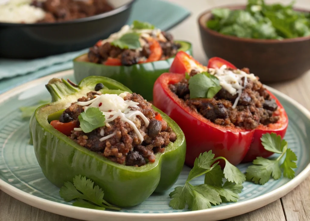 Beef and black bean stuffed peppers filled with seasoned ground beef, black beans, and topped with cheese, offering a delicious and healthy meal.