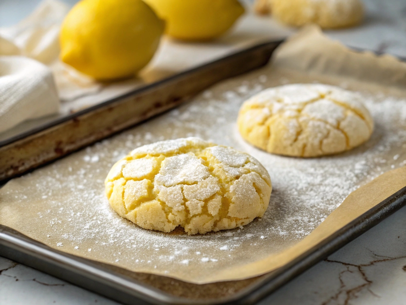 Lemon cake mix cookies arranged on a dessert platter with a golden-brown finish.