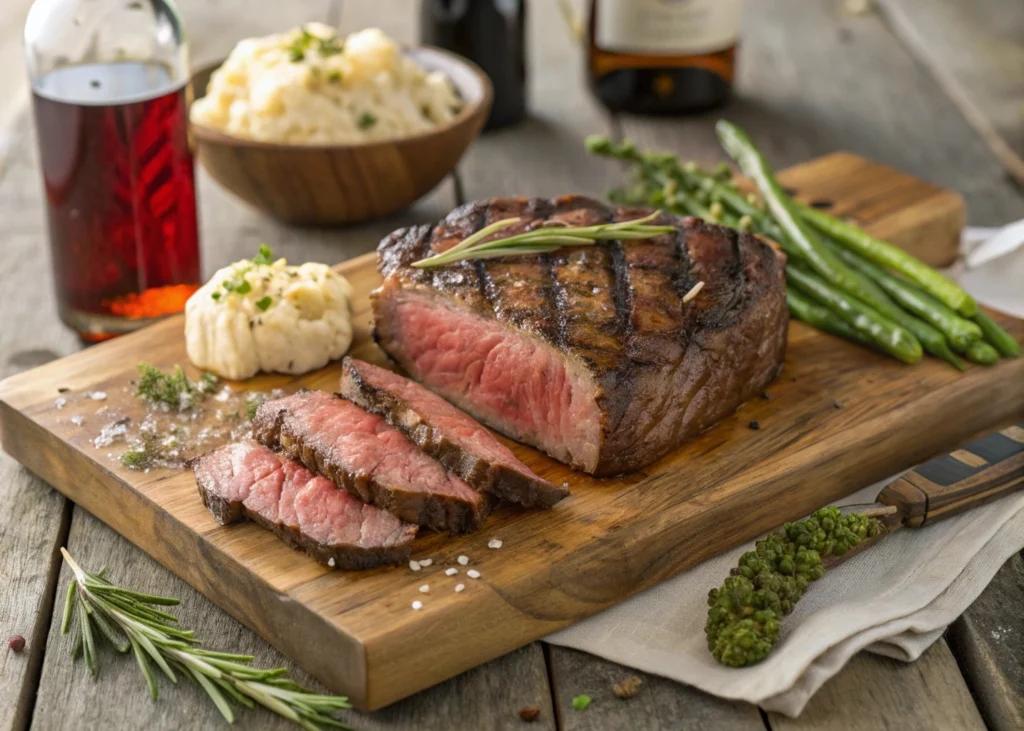 A perfectly cooked cowboy steak, seasoned and seared to perfection, resting on a cutting board with fresh herbs and garlic, ready to be sliced and served