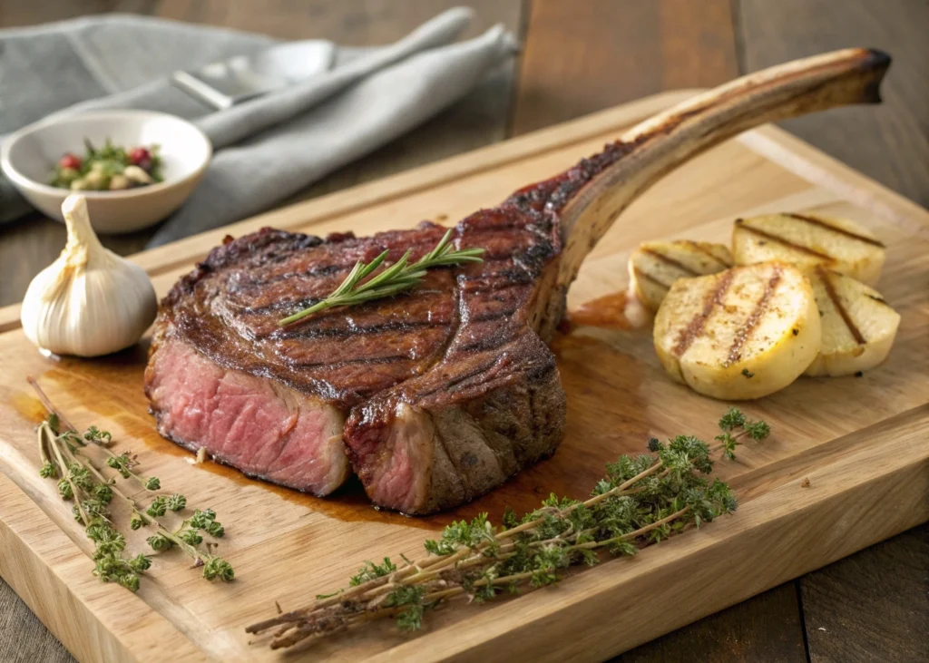 A thick, bone-in ribeye steak, known as a cowboy steak, displayed on a wooden cutting board with seasoning and fresh herbs nearby