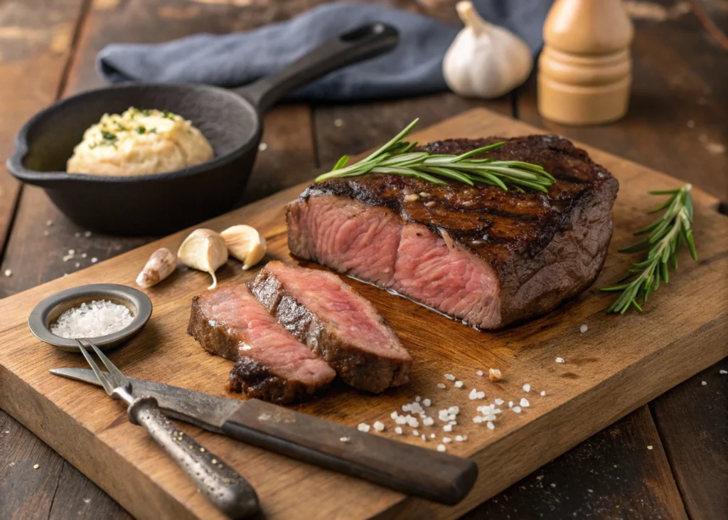 A perfectly cooked Delmonico steak, seared to a golden crust and sliced to reveal a tender, pink center, served on a plate with roasted vegetables and a sprig of rosemary for garnish.