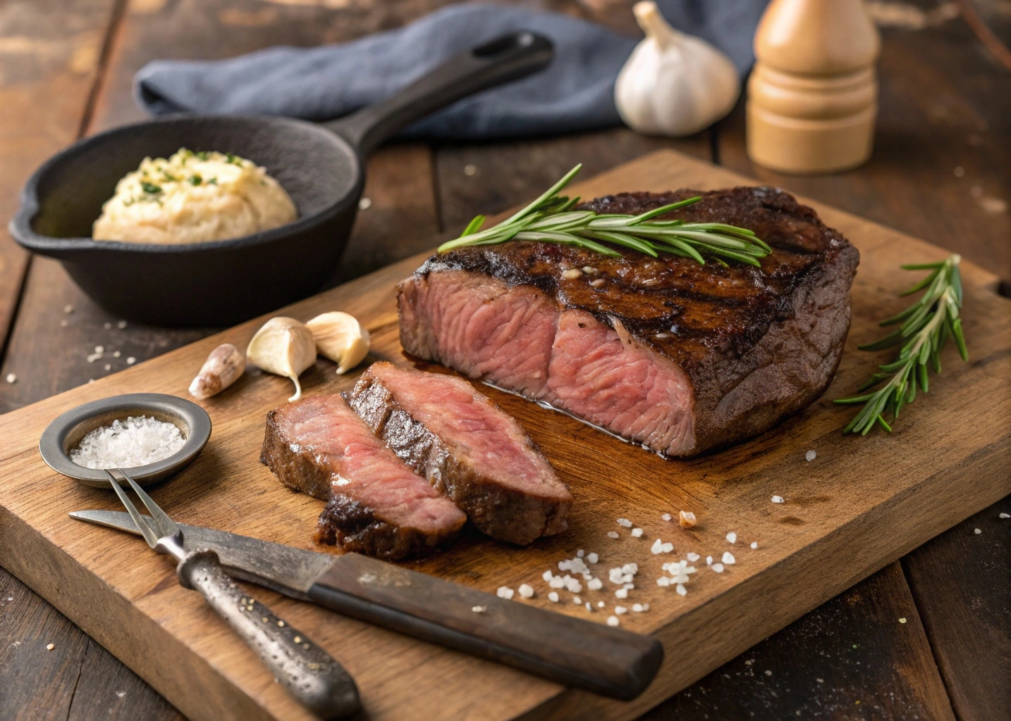 A perfectly cooked Delmonico steak, seared to a golden crust and sliced to reveal a tender, pink center, served on a plate with roasted vegetables and a sprig of rosemary for garnish.