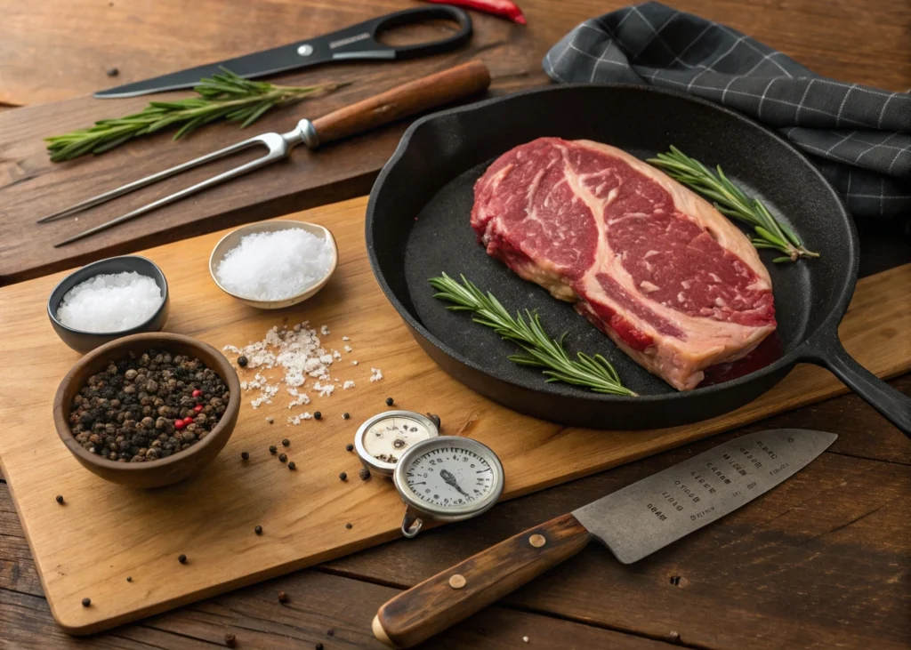 A collection of essential tools for cooking Delmonico steak, including a cast-iron skillet, tongs, meat thermometer, seasoning spices, and a cutting board, arranged on a kitchen counter.