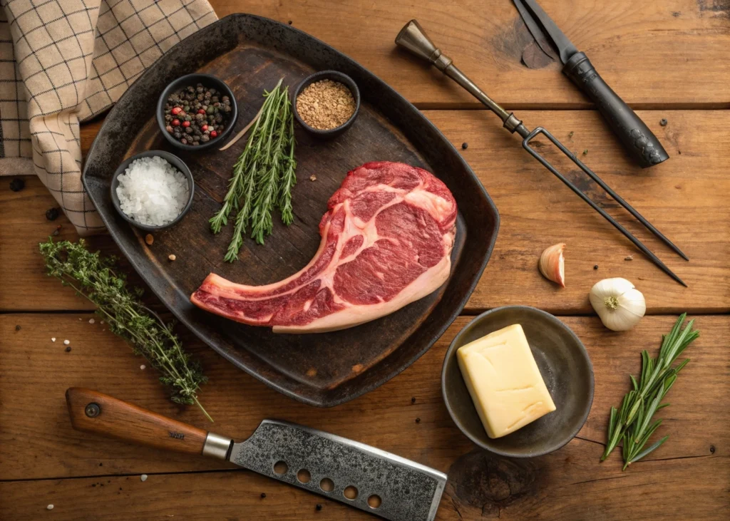 A collection of essential tools and ingredients for cooking cowboy steak, including a cast-iron skillet, tongs, meat thermometer, salt, pepper, fresh herbs, garlic, and a thick bone-in ribeye steak on a wooden surface